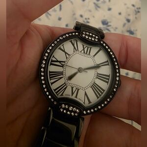 BRONZO ITALIA BLACK STAINLESS STEEL CRYSTAL ACCENT WOMEN'S WRIST WATCH EUC